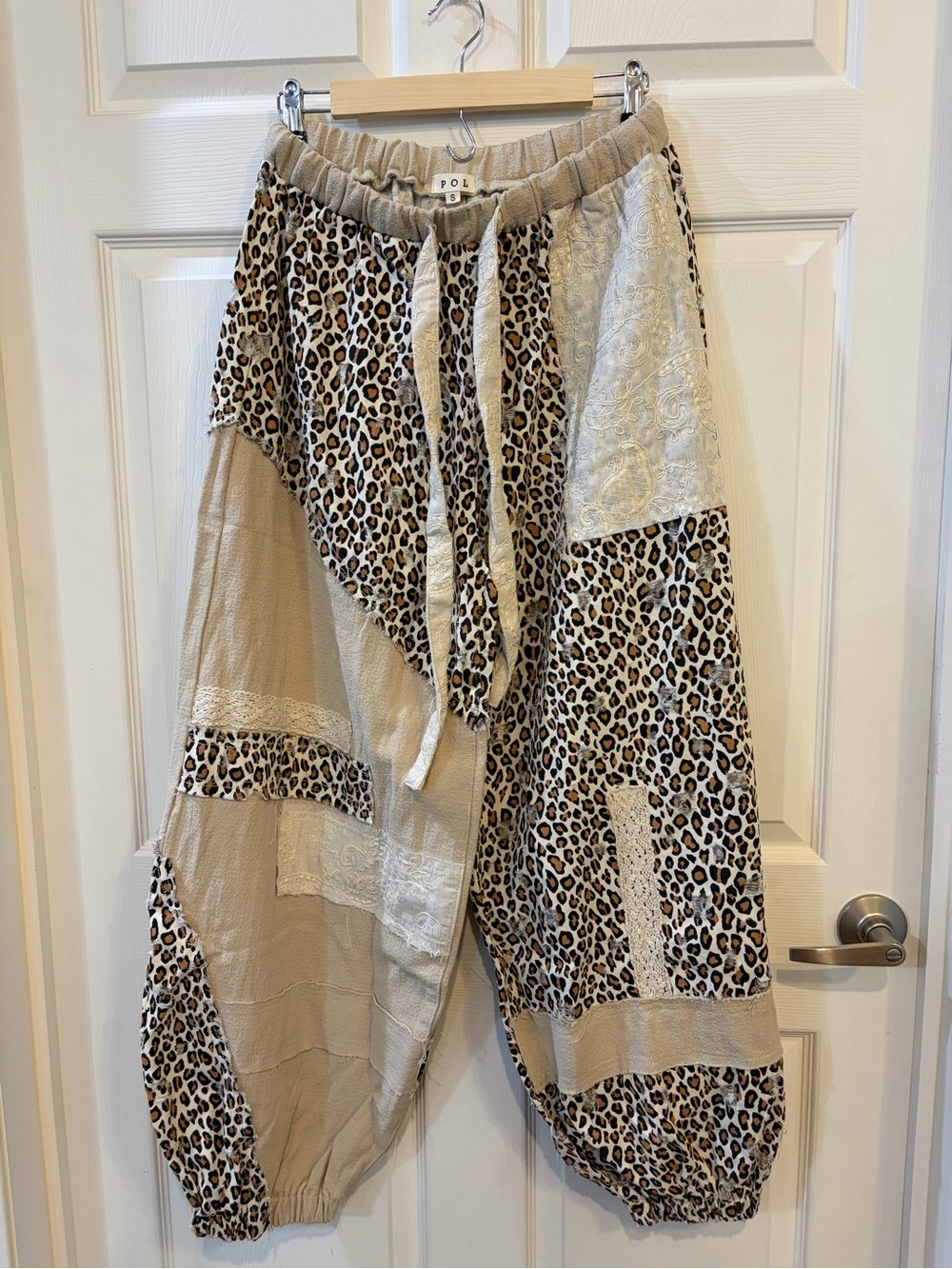 POL NWT Jacquard Leopard Print Patchwork Distressed Jogger Brown Cream Black - Picture 2 of 16